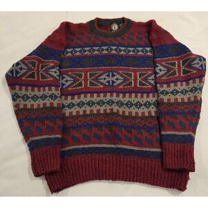 VTG HANG TEN Men's Chunky Knit Sweater Red Blue Black Geometric Pattern‎ Large